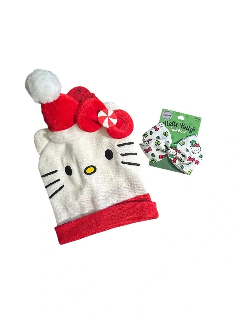 Sanrio Hello Kitty Beanie Knit Hat Cap Christmas Girls One Size/Hair Clip Bow